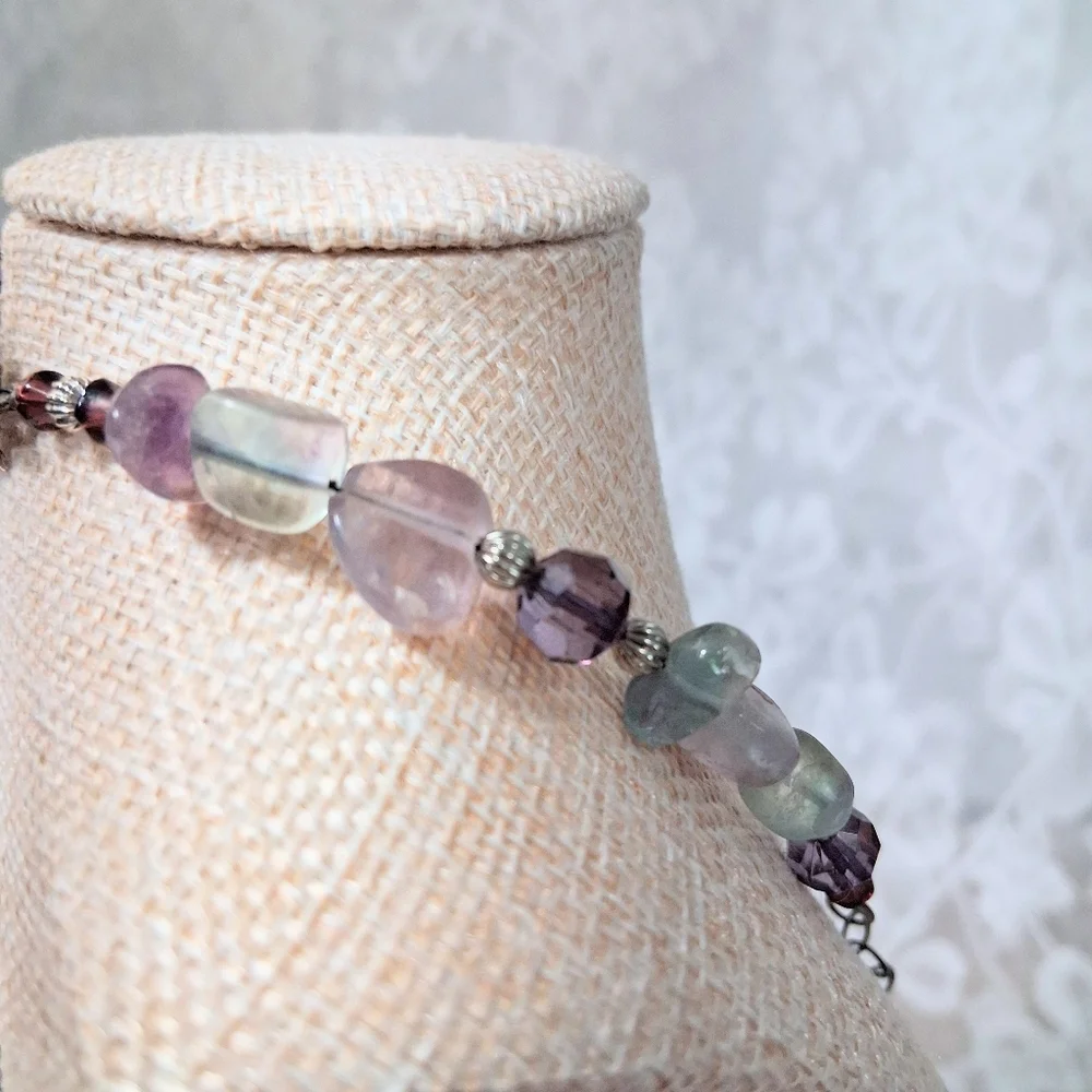 Fluorite Stone Beaded Necklace Purple Green Healing Clarity Balance Crystal